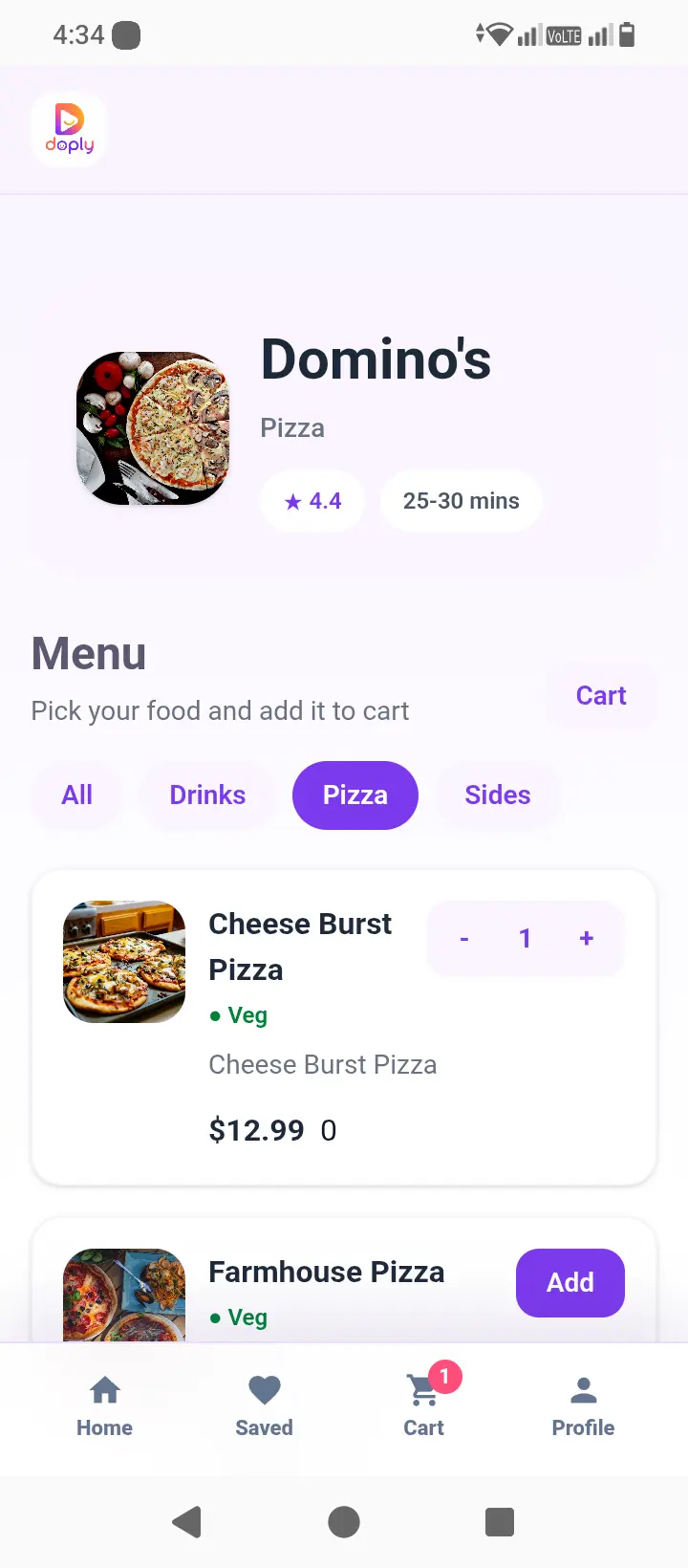 Doply restaurant menu screen