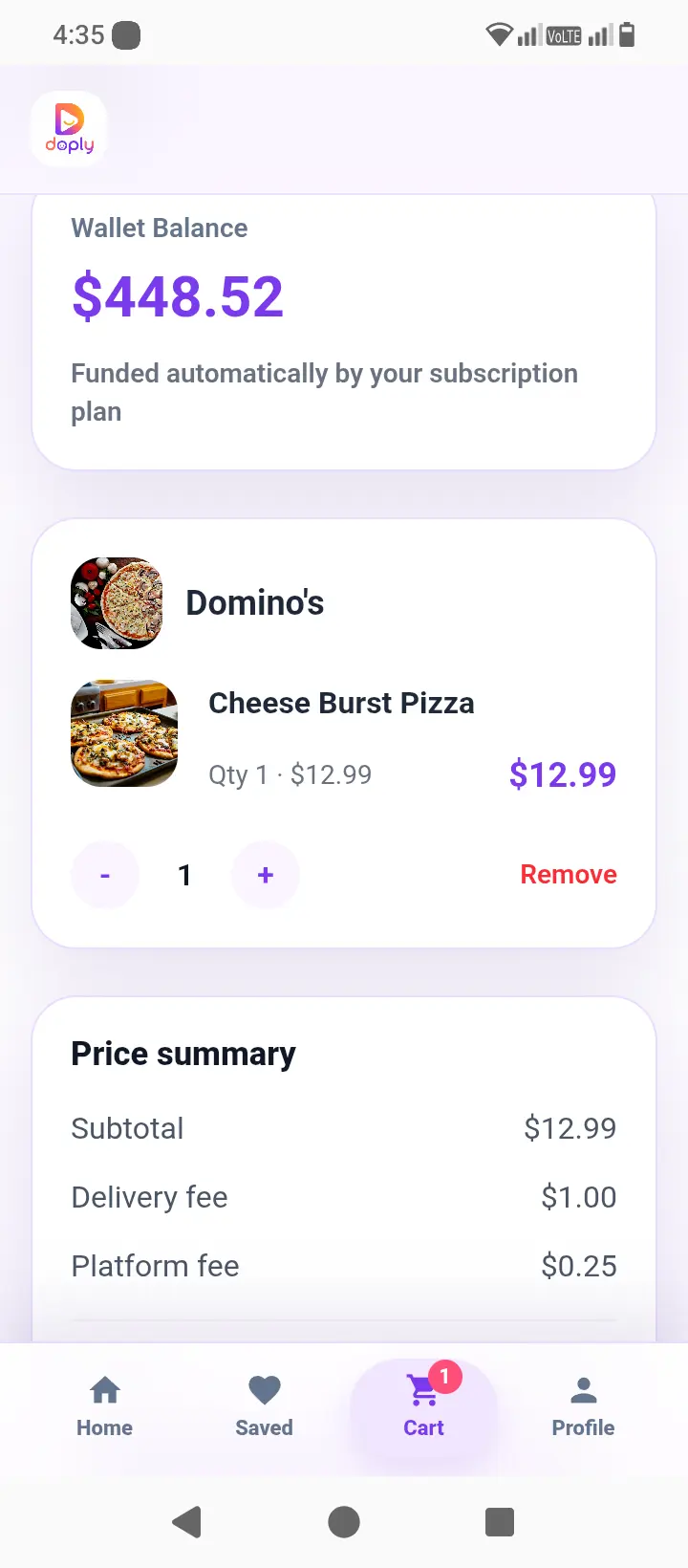 Wallet payment review for a food order