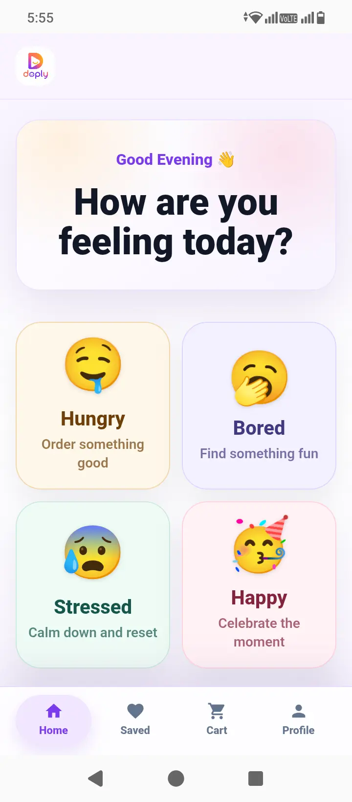 Doply asks how you are feeling, with Hungry, Bored, Stressed and Happy mood choices