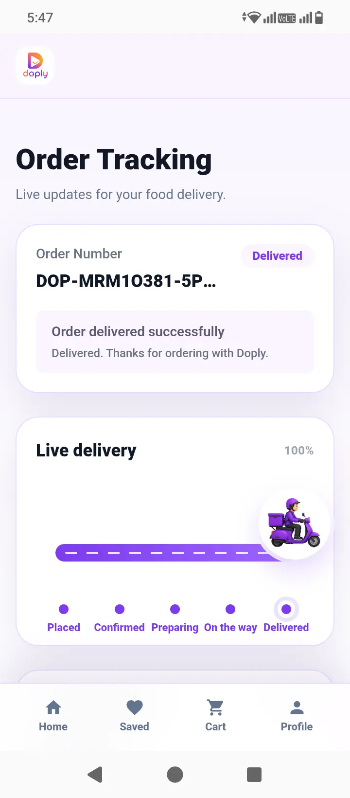 Doply live order tracking with a rider