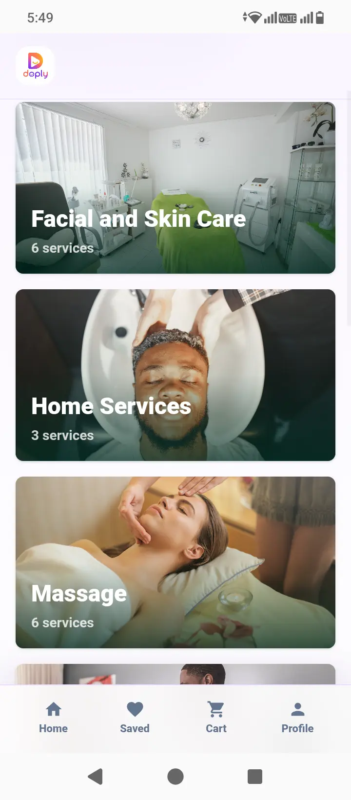 Spa and self-care services screen
